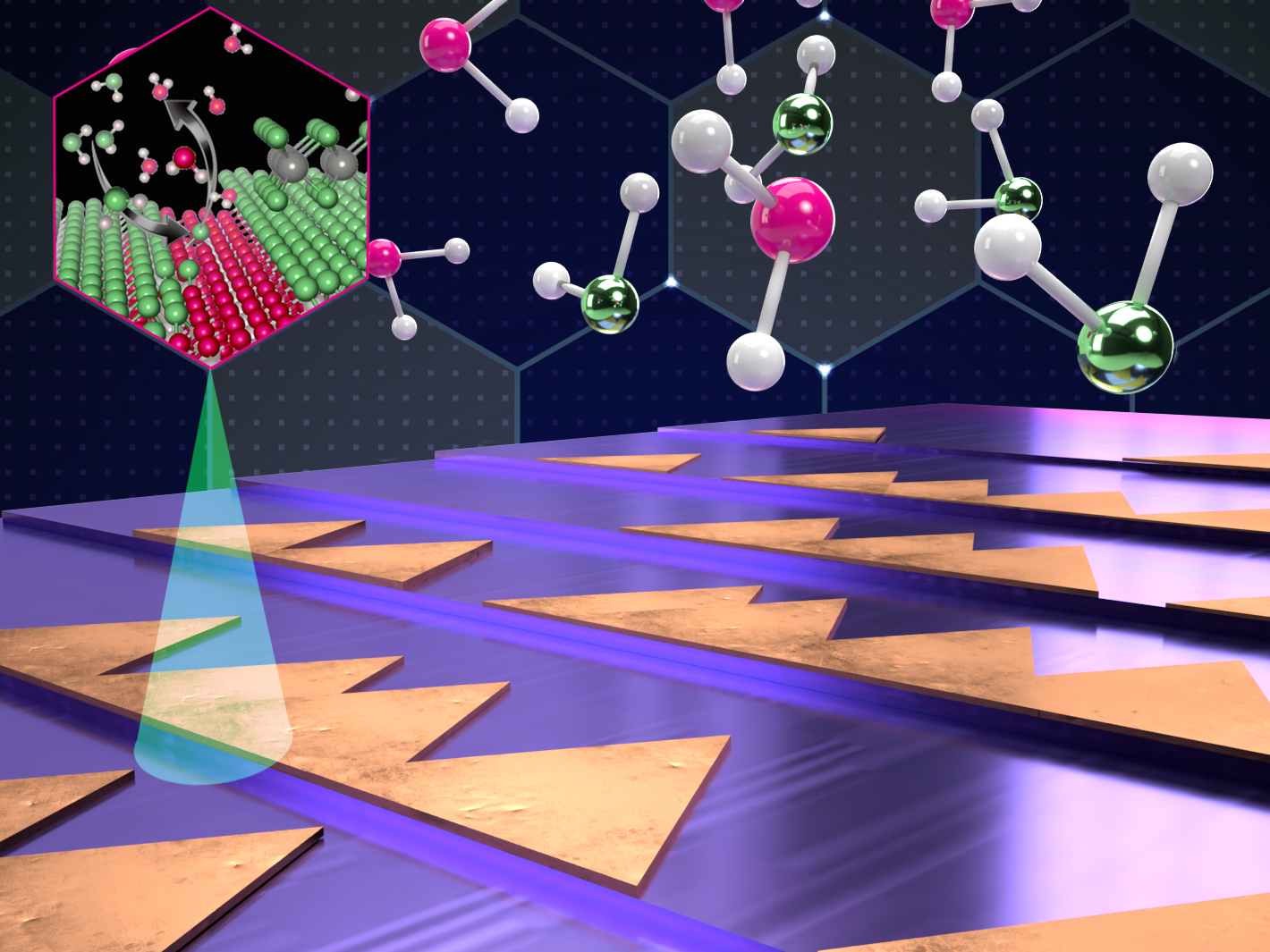 illustration of molecules suspended over gold and purple wafer