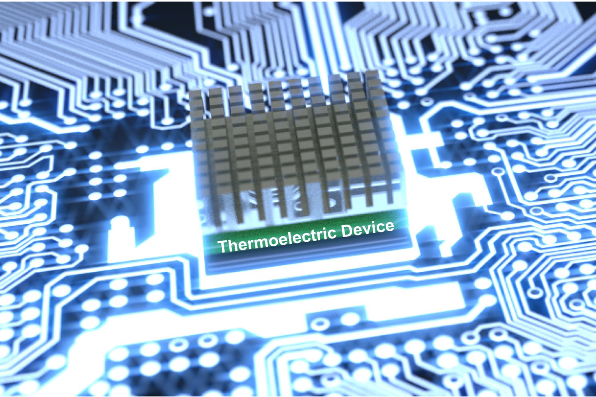 Illustration of a half-heusler thermoelectric device on a computer chip 