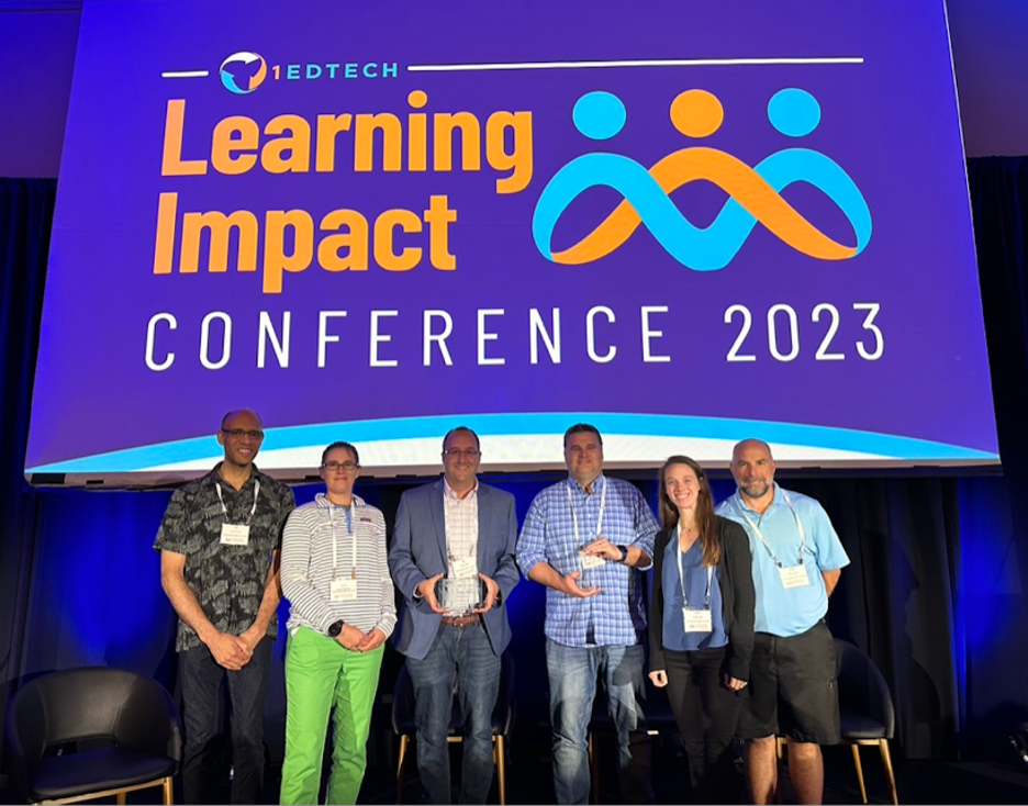 Penn State IT staff (from left) Tim Summers, Hannah Williams, Ben Hellar, Andy Fisher, Kristen Lytle, and Shawn Geller accepted two awards from 1EdTech during the Learning Impact 2023 Conference in June in Anaheim, California. 