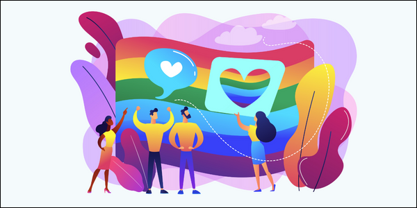 illustration of standing people looking up at very large rainbow-stripe flag and one holding sign with rainbow heart 