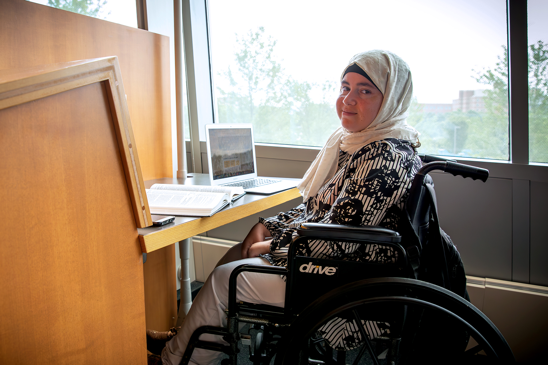 SIA student Haneen Shaath studying in the Montague Library in the Lewis Katz Building.