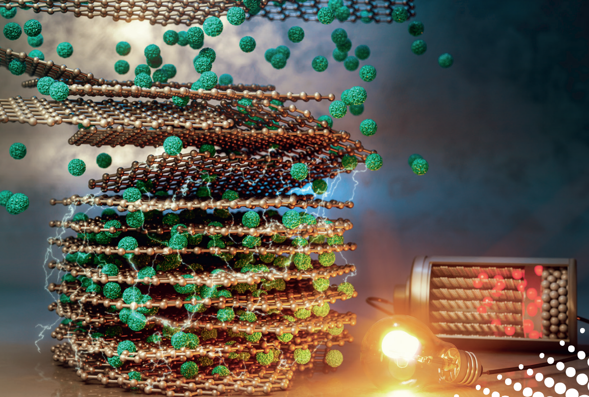 Stylized image showing how fast sintering controls graphene alignment to enable thicker electrodes