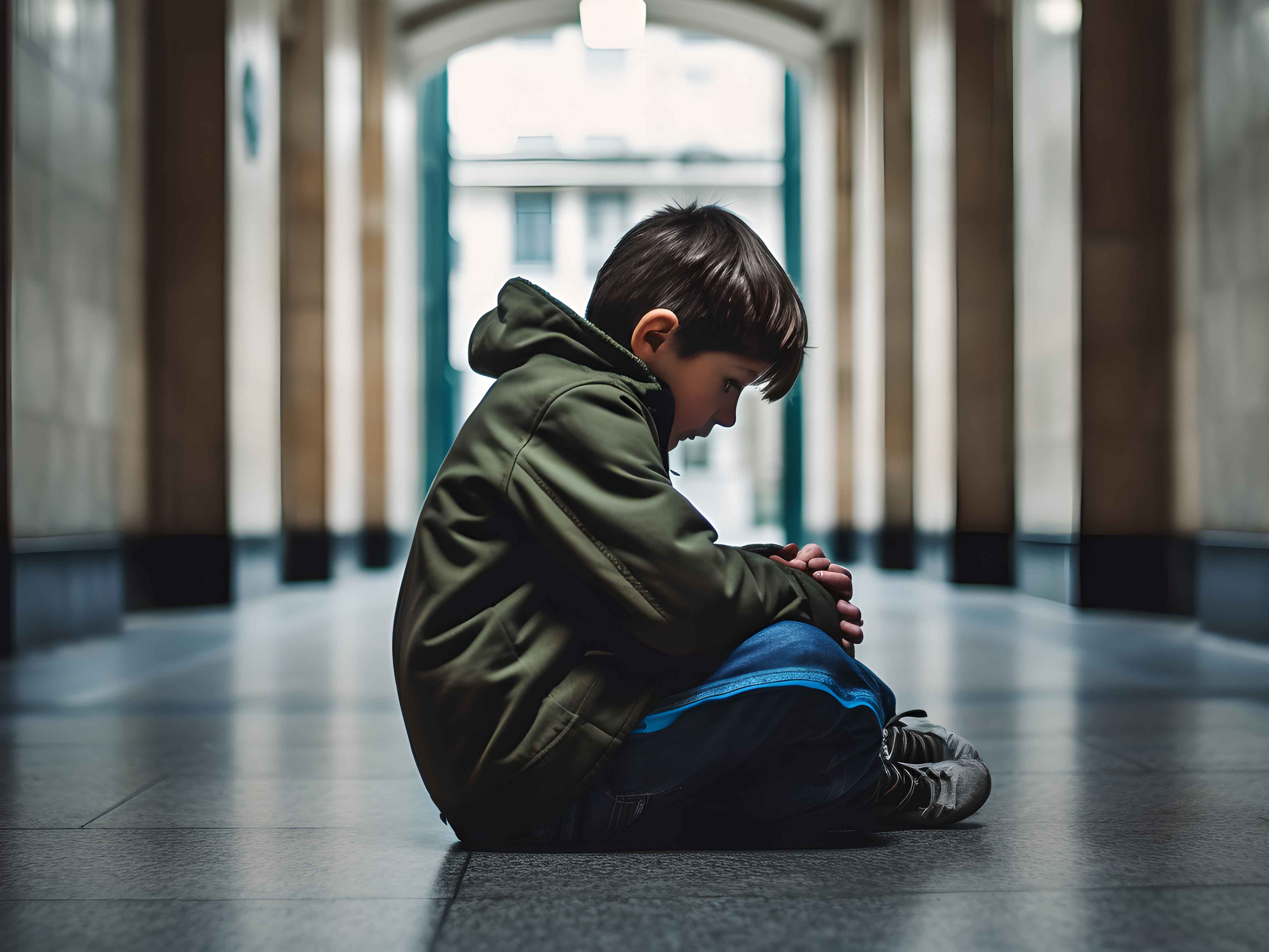 sad young boy sitting alone in a school hallway