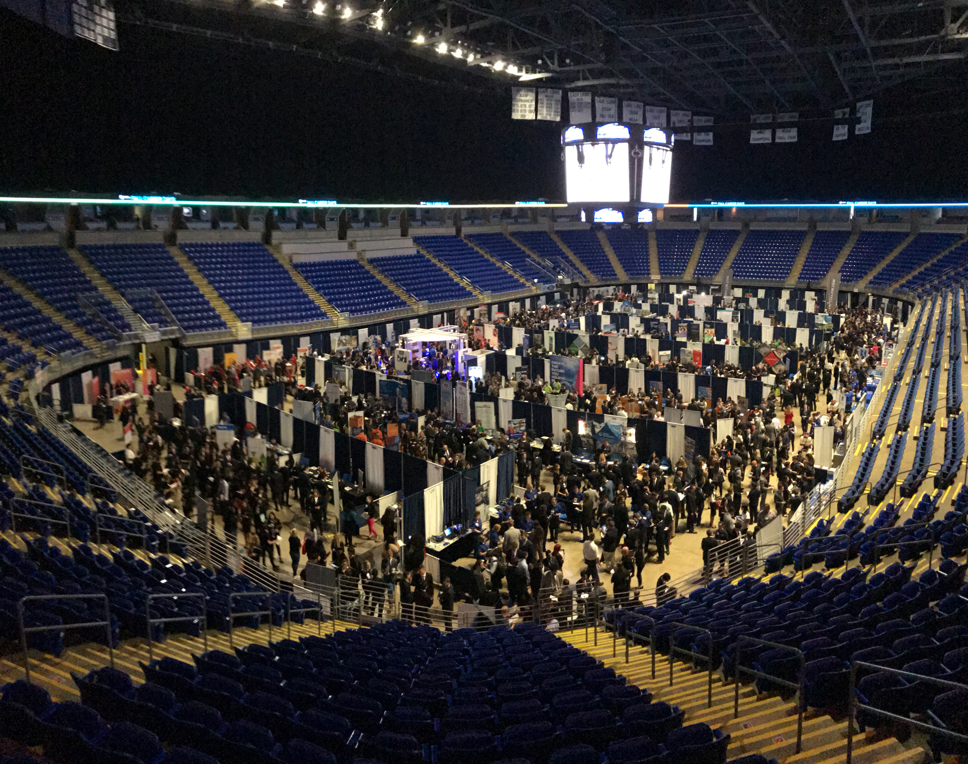 Student and employers inside the Bryce Jordan Center during Fall Career Days