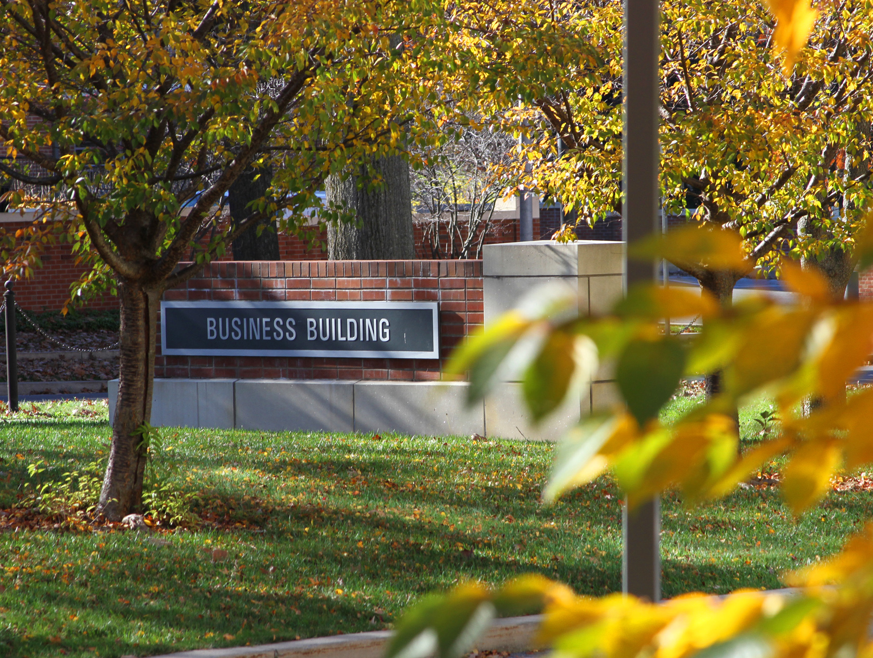 A photo of the Business Building sign framed by trees.