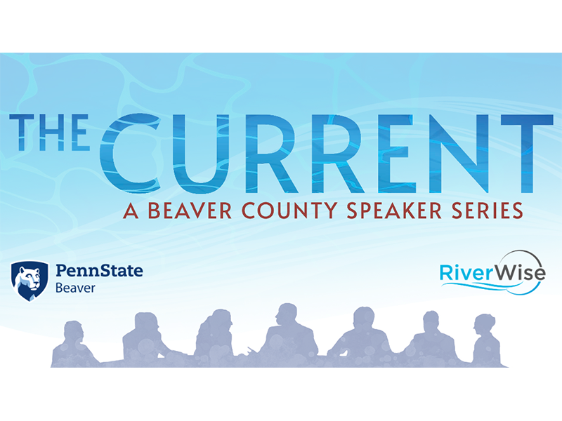 A graphic for The Current that is the shadow of people on a blue background. The graphic also shows logos for Penn State Beaver and RiverWise.