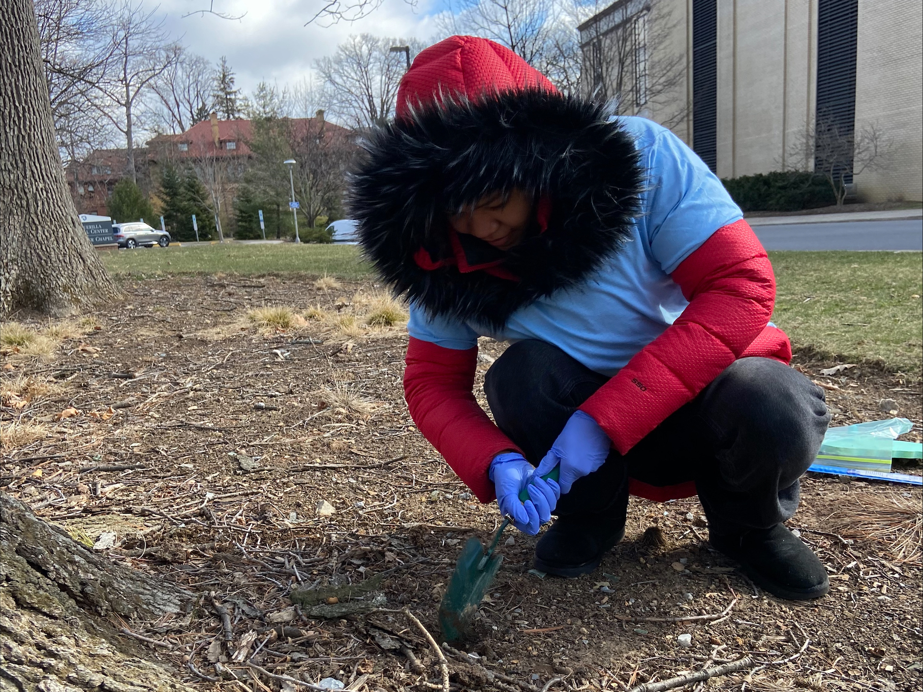 Person crouches in dirt with a shovel