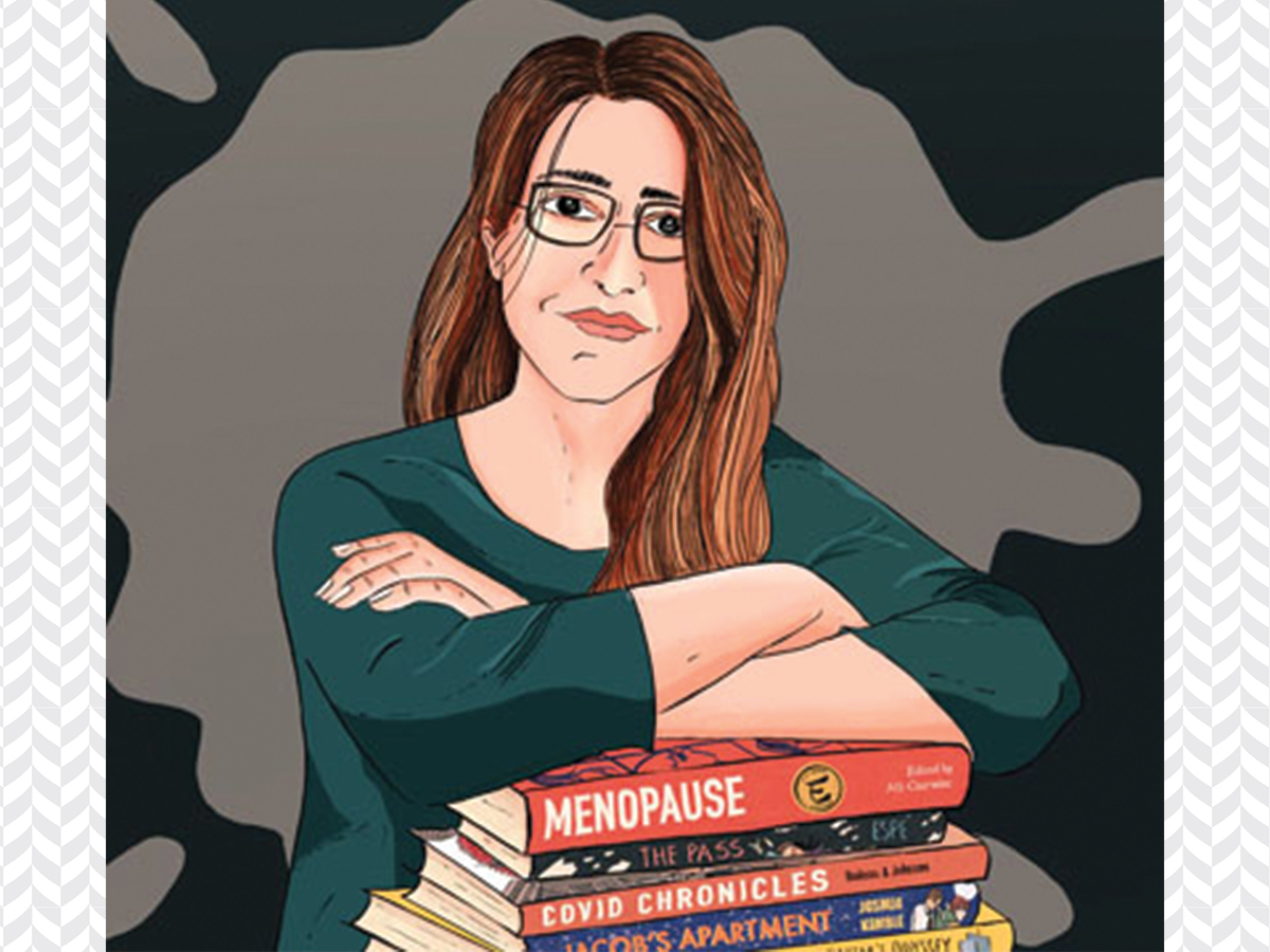 illustration of woman whose crossed arms rest atop pile of books