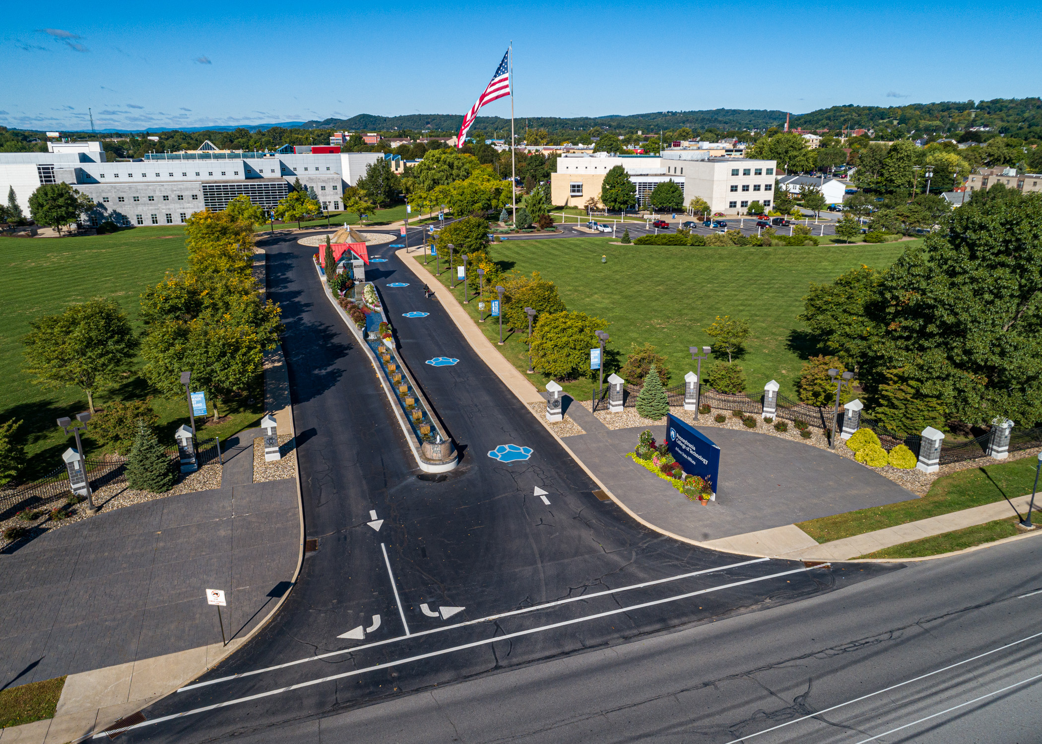 An aerial view of the Penn College campus entrance