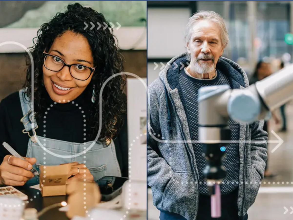 An individual on the left sells her soil-based paints at a table, an individual on the right stands behind a robotic arm at OriginLabs