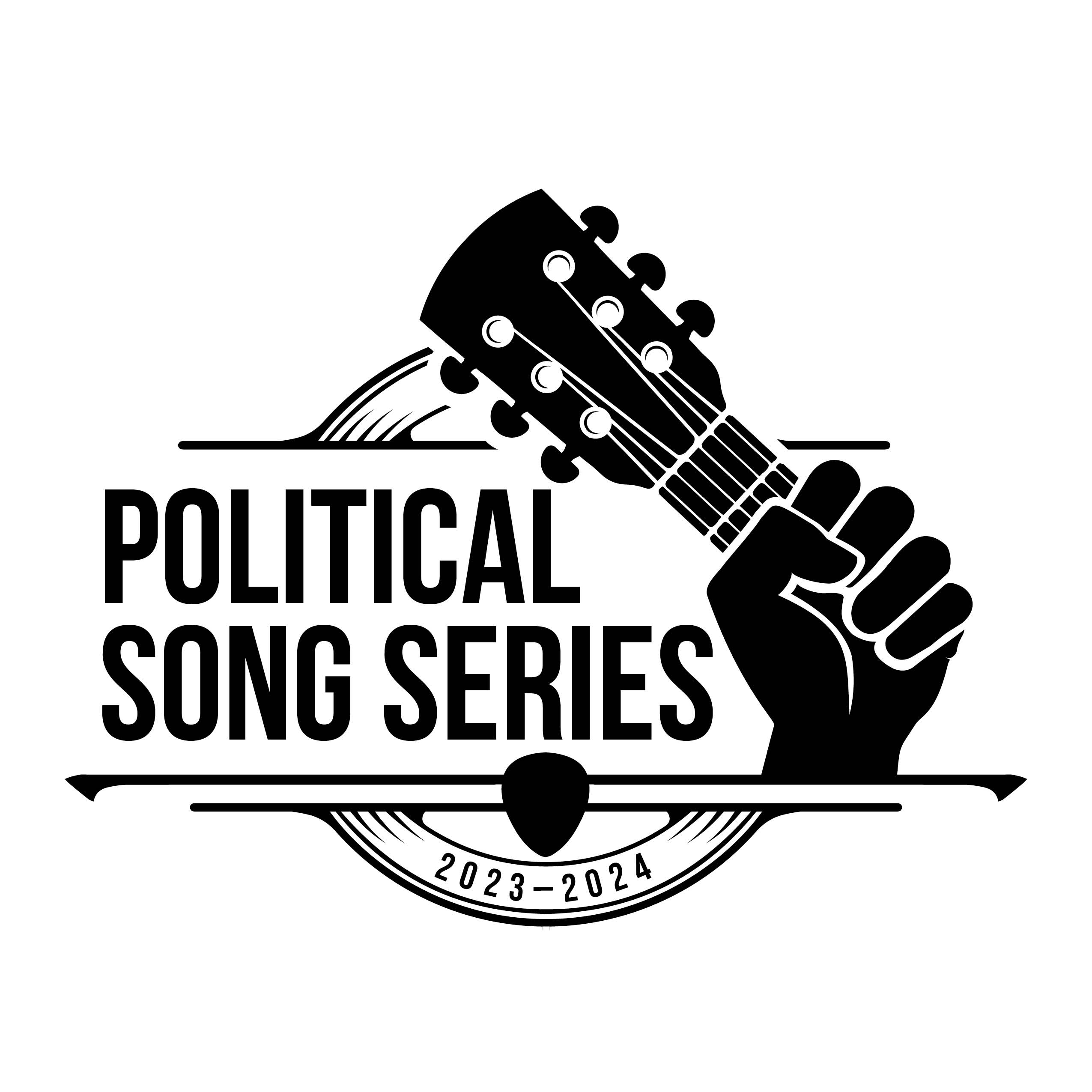 Political Song Series graphic— hand on guitar neck, black and white drawing