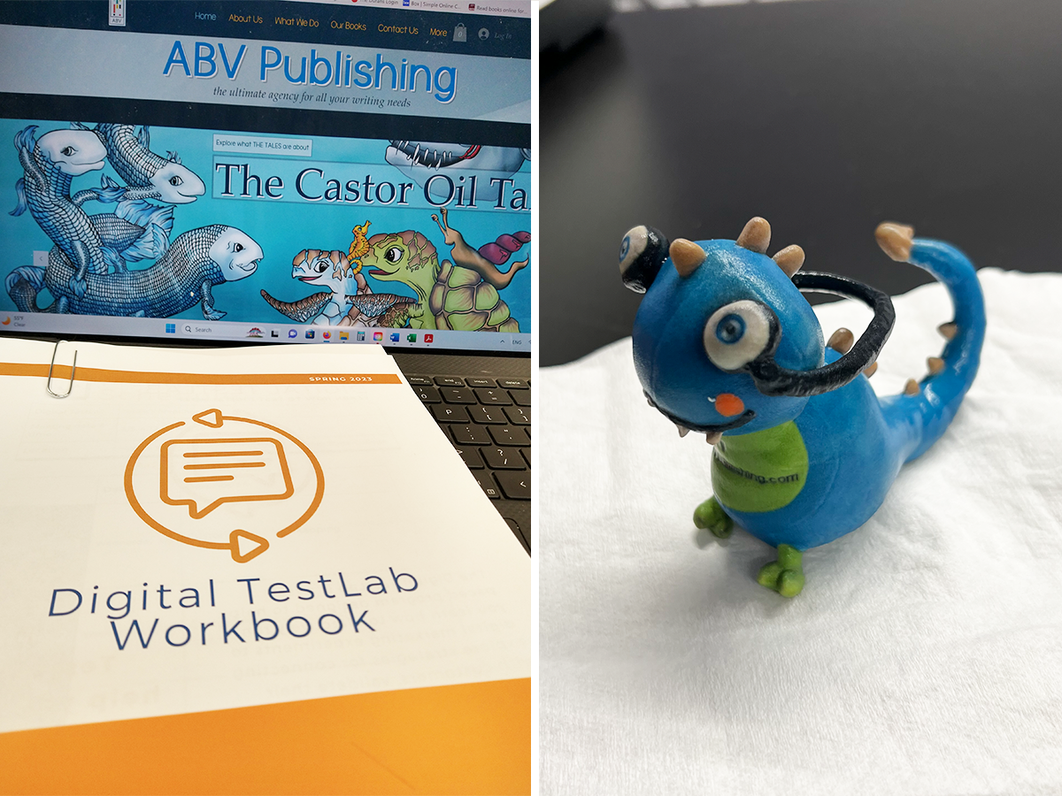 On the left is a photo of the Digital TestLab Workbook in front of a laptop screen showing the ABV Publishing website. On the right is a photo of the 3D printed mascot made at OriginLabs.