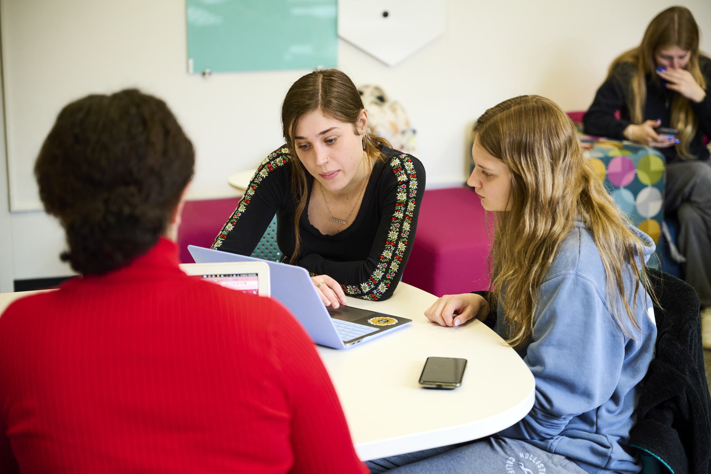 Student tutor working with another student on laptop