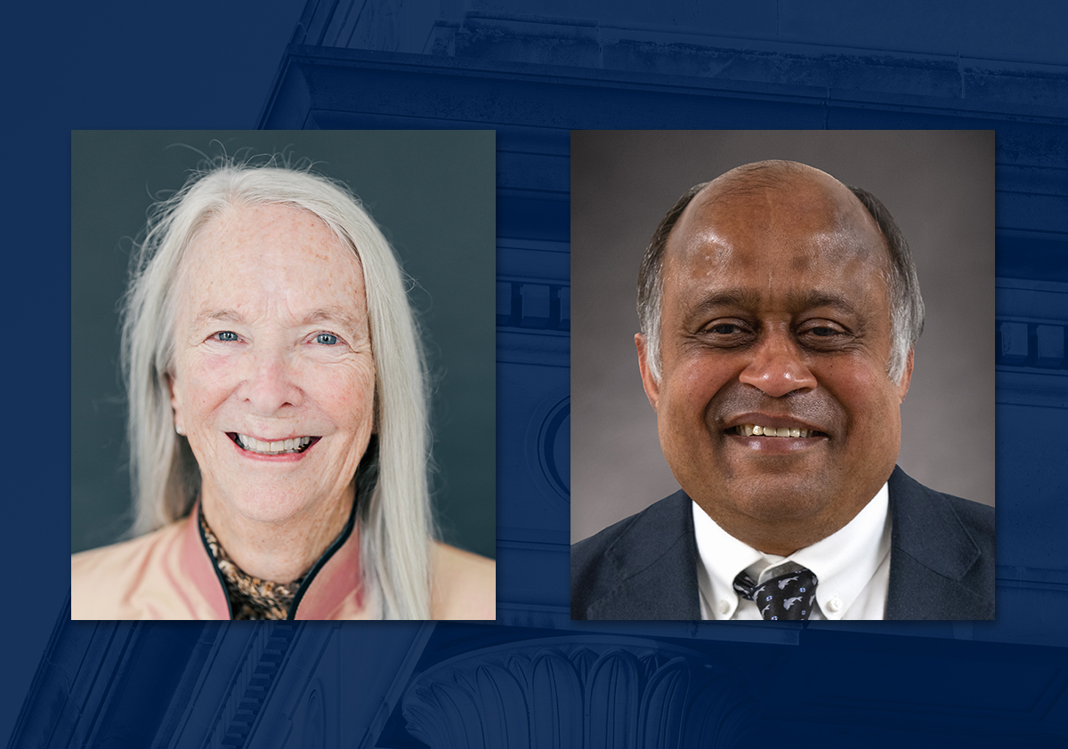 Headshot photos of Mary Jane Irwin and Madhavan Swaminathan placed on a dark blue background