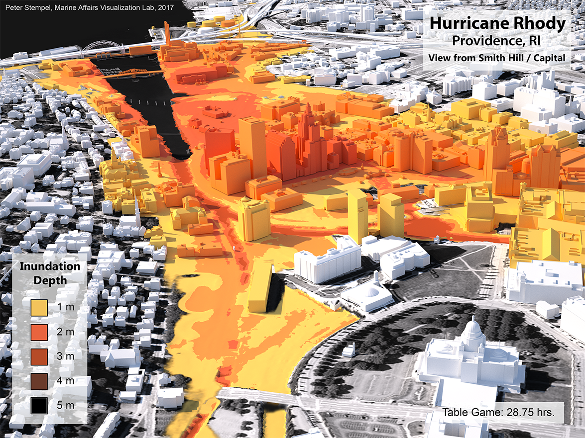 A three-dimensional visualization showing color-coded inundation depths in Providence, Rhode Island, from a hypothetical hurricane