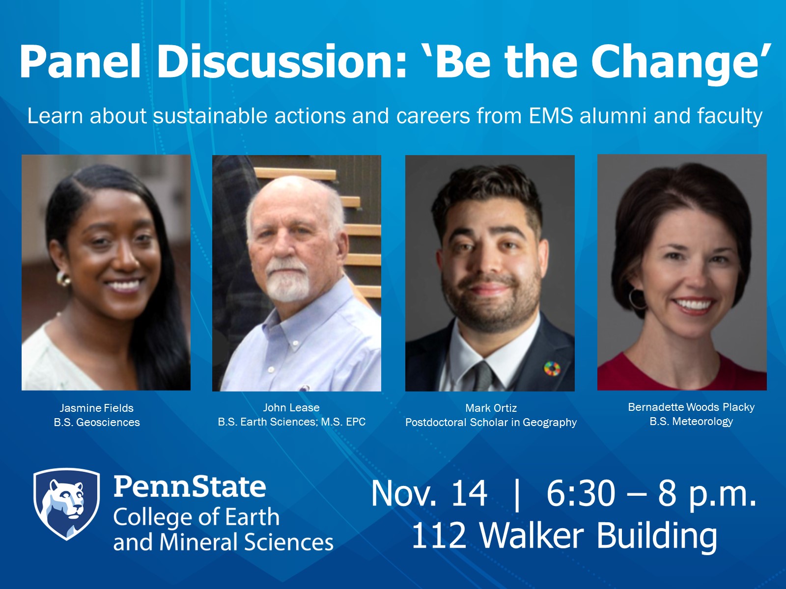 four headshots on a blue flyer advertising a panel discussion