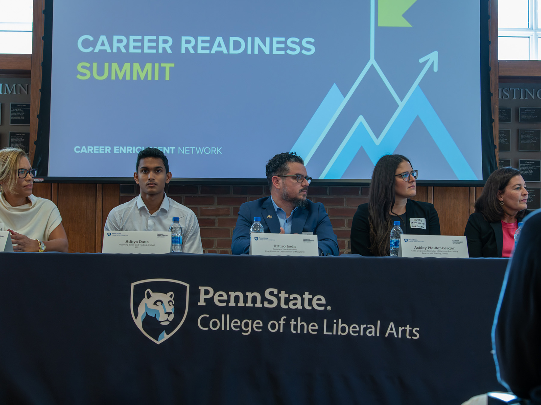 The Career Readiness Summit kicked off with a panel discussion featuring Liberal Arts alumni and student panelists (from left to right):  Thandi Clements, class of 2014 (arts and letters); Aditya Datta, a fourth-year student majoring in Economics; Arturo León II, class of 2006 (psychology, history); Ashley Pfeiffenberger, class of 2012 (economics) and Wendy Stoner, class of 1989 (labor and industrial relations).