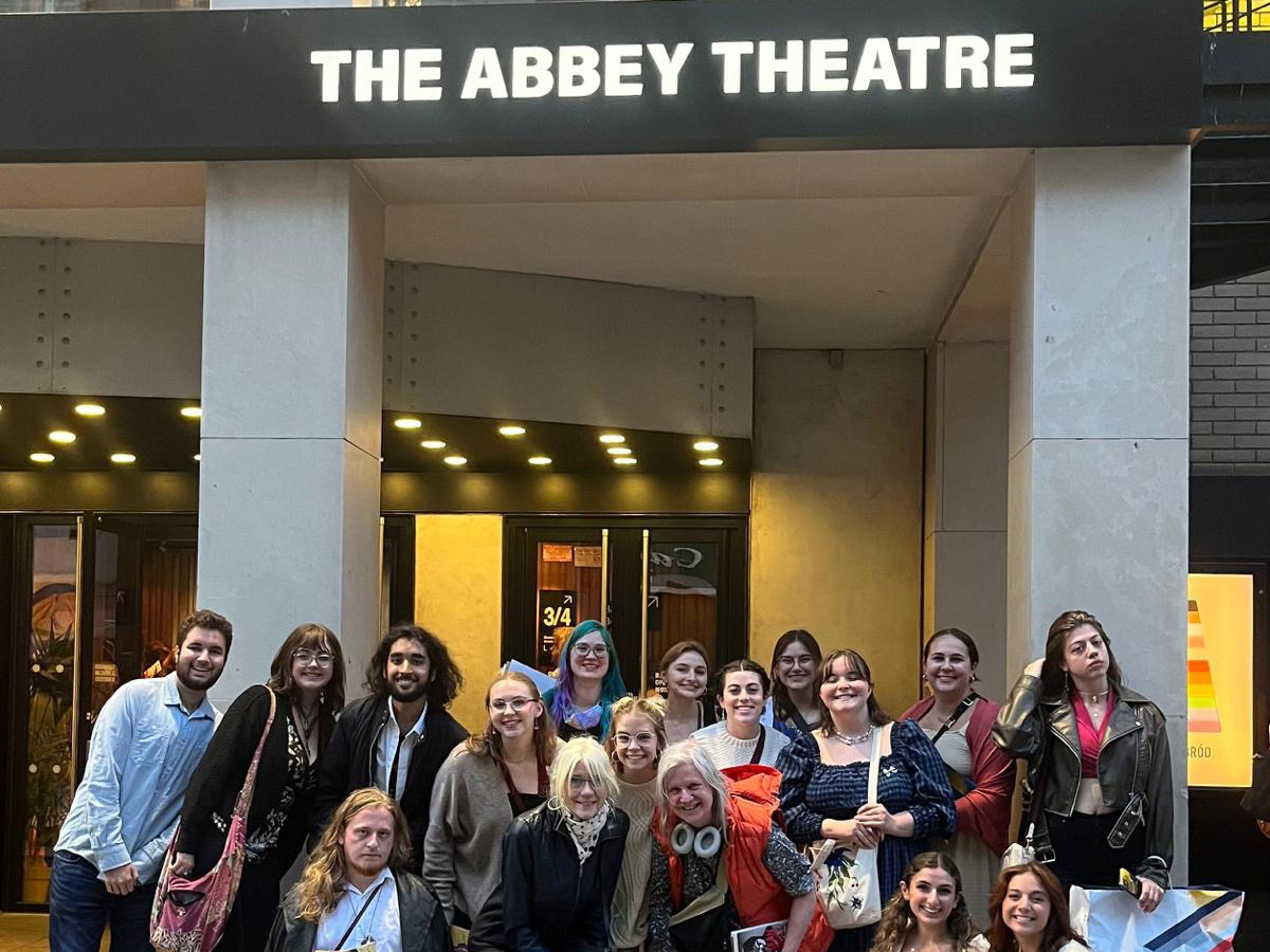 Students and professors gather outside the Abbey Theater in Ireland.