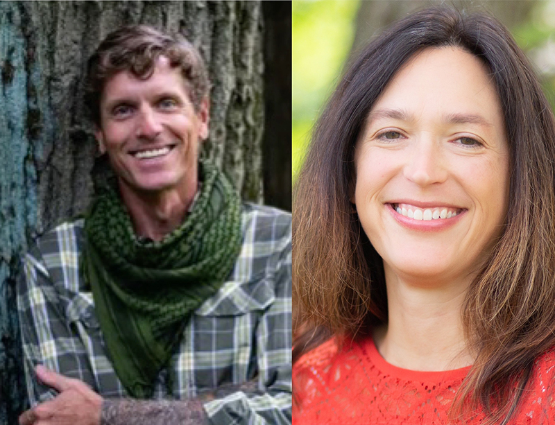 Jeff Karwoski is pictured to the left in a plaid shirt and green scarf standing in front of a tree and Autumn Sabo is at right in an orange sweater standing outside in the sunshine.