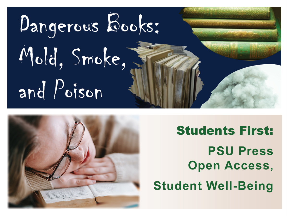 collage of two event titles with images of damaged books, smoke, and young woman resting her head on an open book