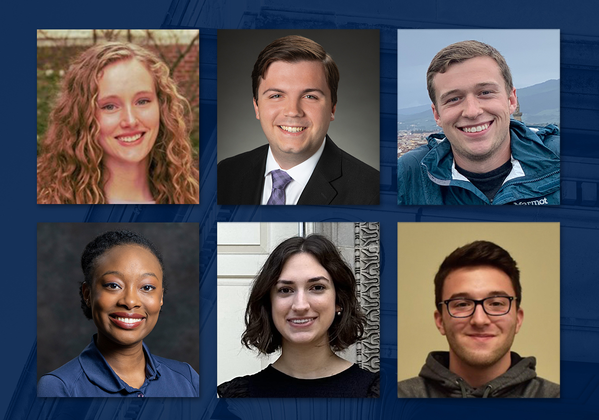 A collage of six student photos against a blue background. 