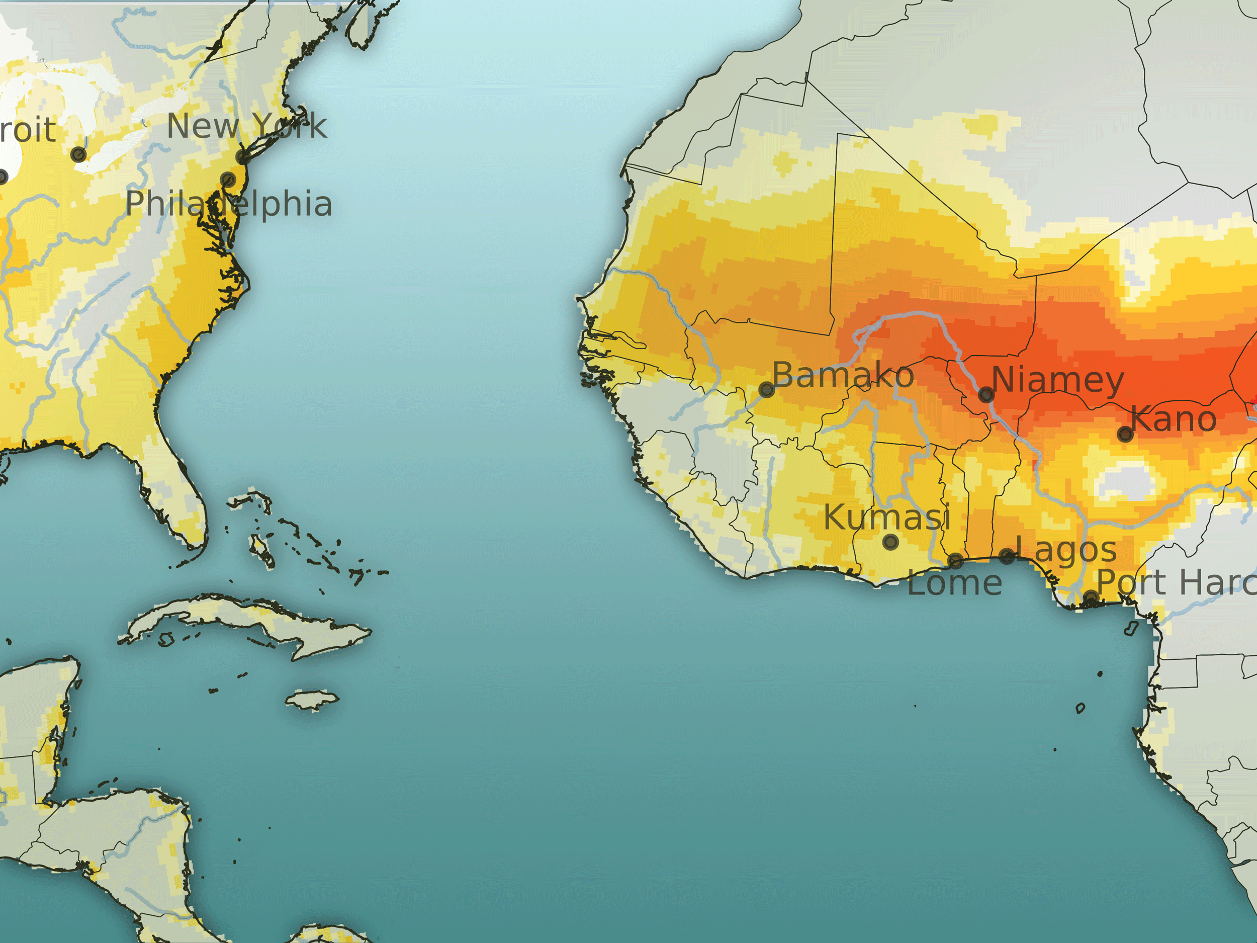 Composite map showing eastern US and western Africa. Subsaharan Africa is yellow and orange. The eastern US is yellow.