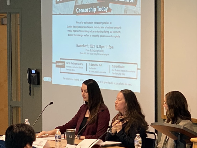 Three panelists conducting a discussion on censorship