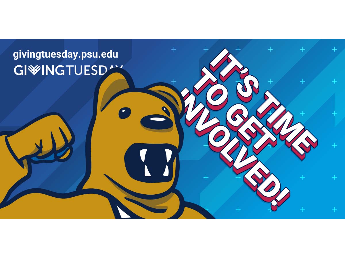 GivingTuesday graphic showing a cartoon Nittany Lion with the text "givingtuesday.psu.edu. GivingTuesday. It's time to get involved!"