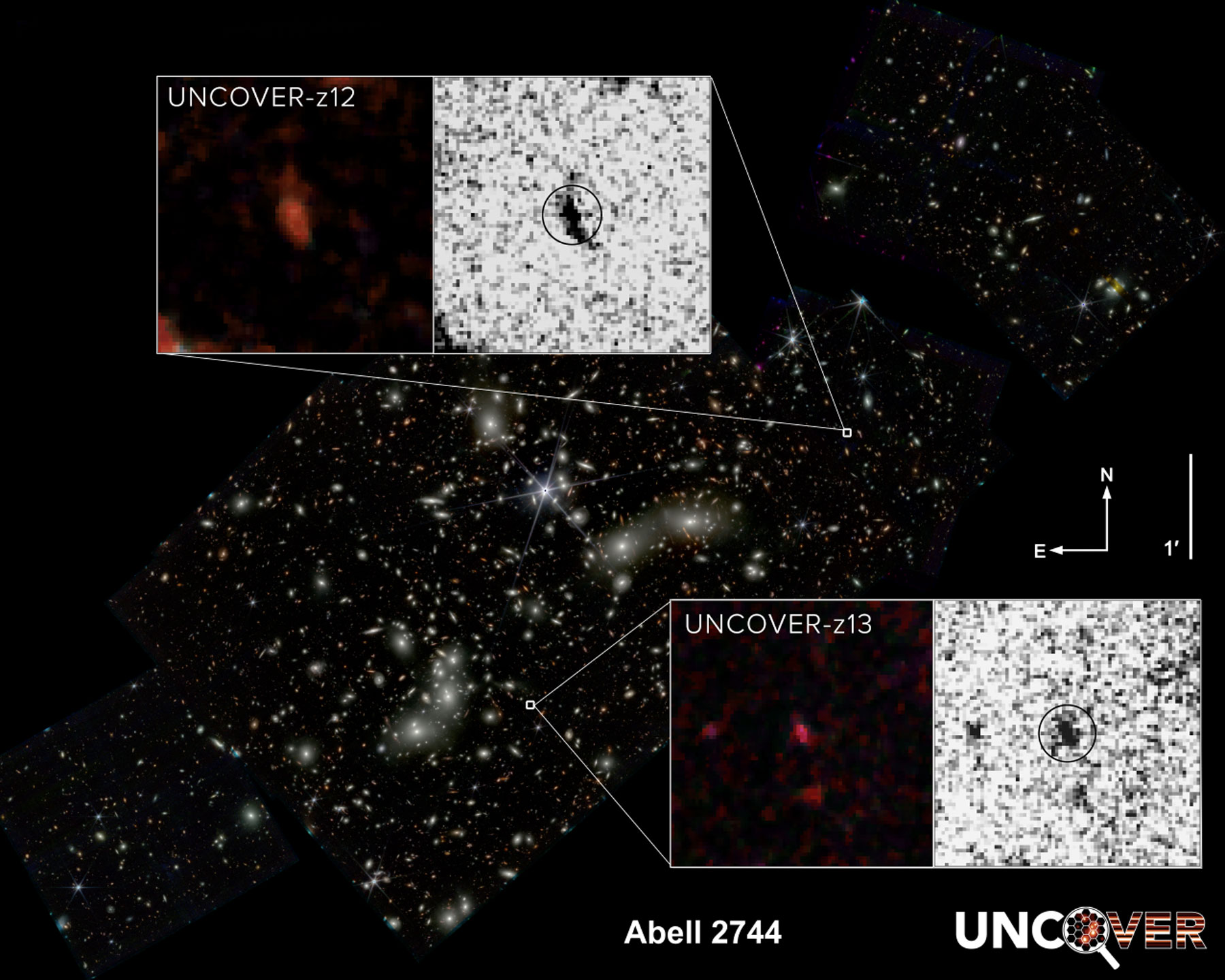 composite image of pandora's cluster, with two close-up inset images