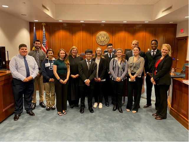 Penn State Altoona Students with Judge Haines and Officer Miller at the Federal Courthouse in Johnstown.