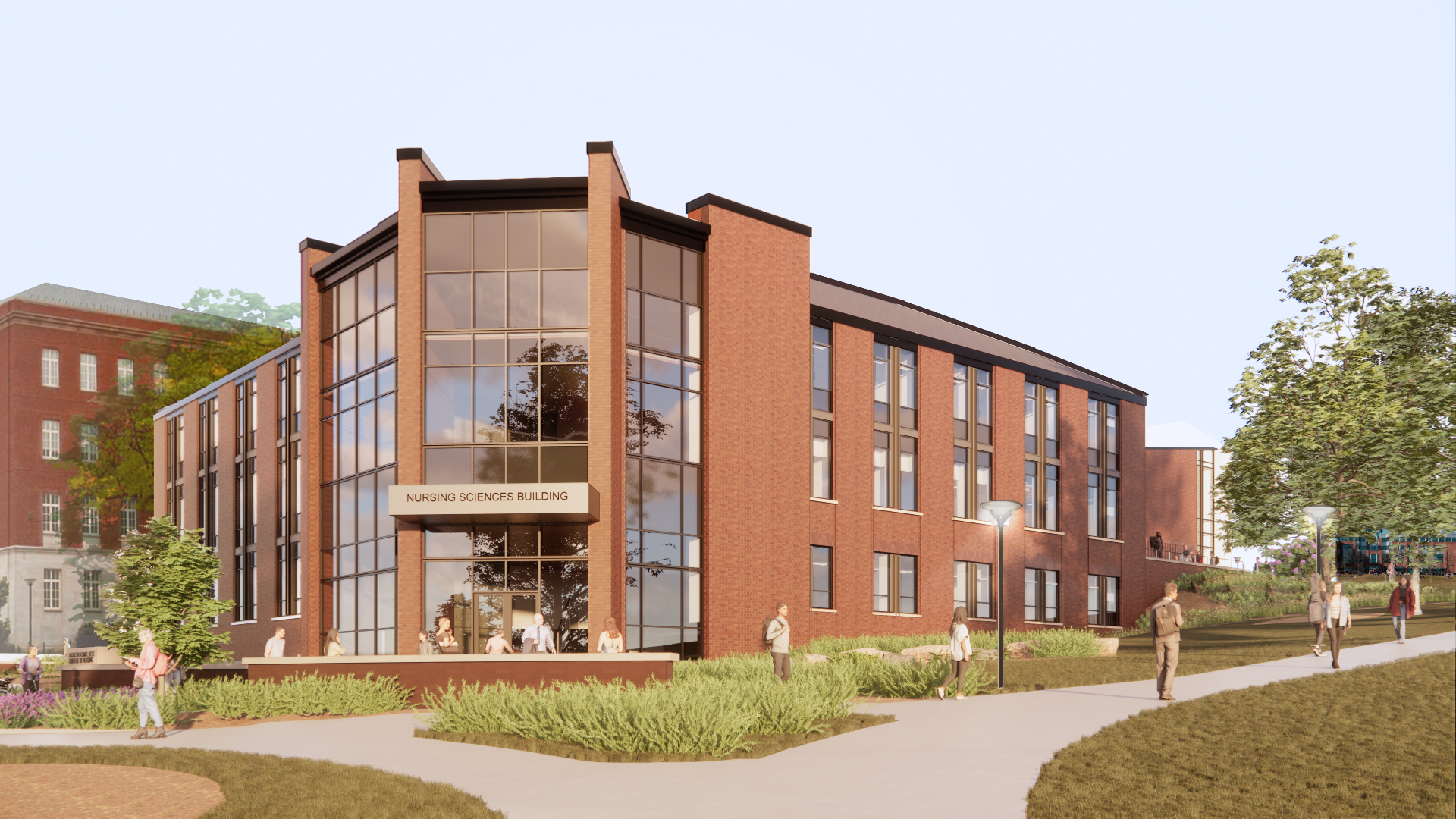 Architect's rendering of main entrance of Nursing Sciences Building