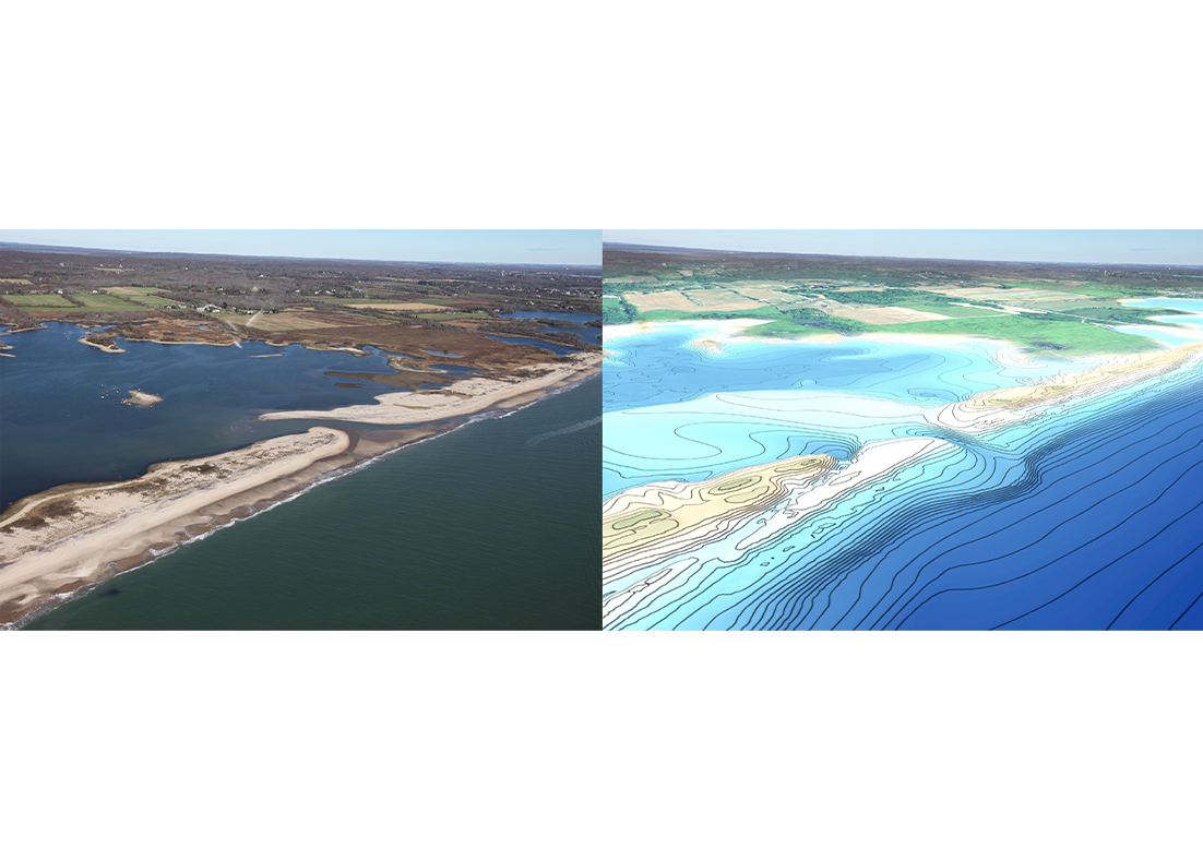 A photo of a coast next to a model simulation of the same coast