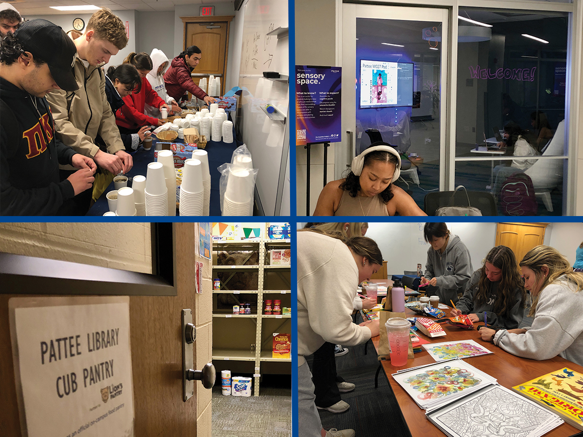 photo collage of open door to small food pantry, college students studying, pouring free coffee, coloring pages