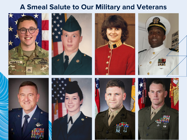 A collage of eight Smeal people who have served in the military or are currently serving.