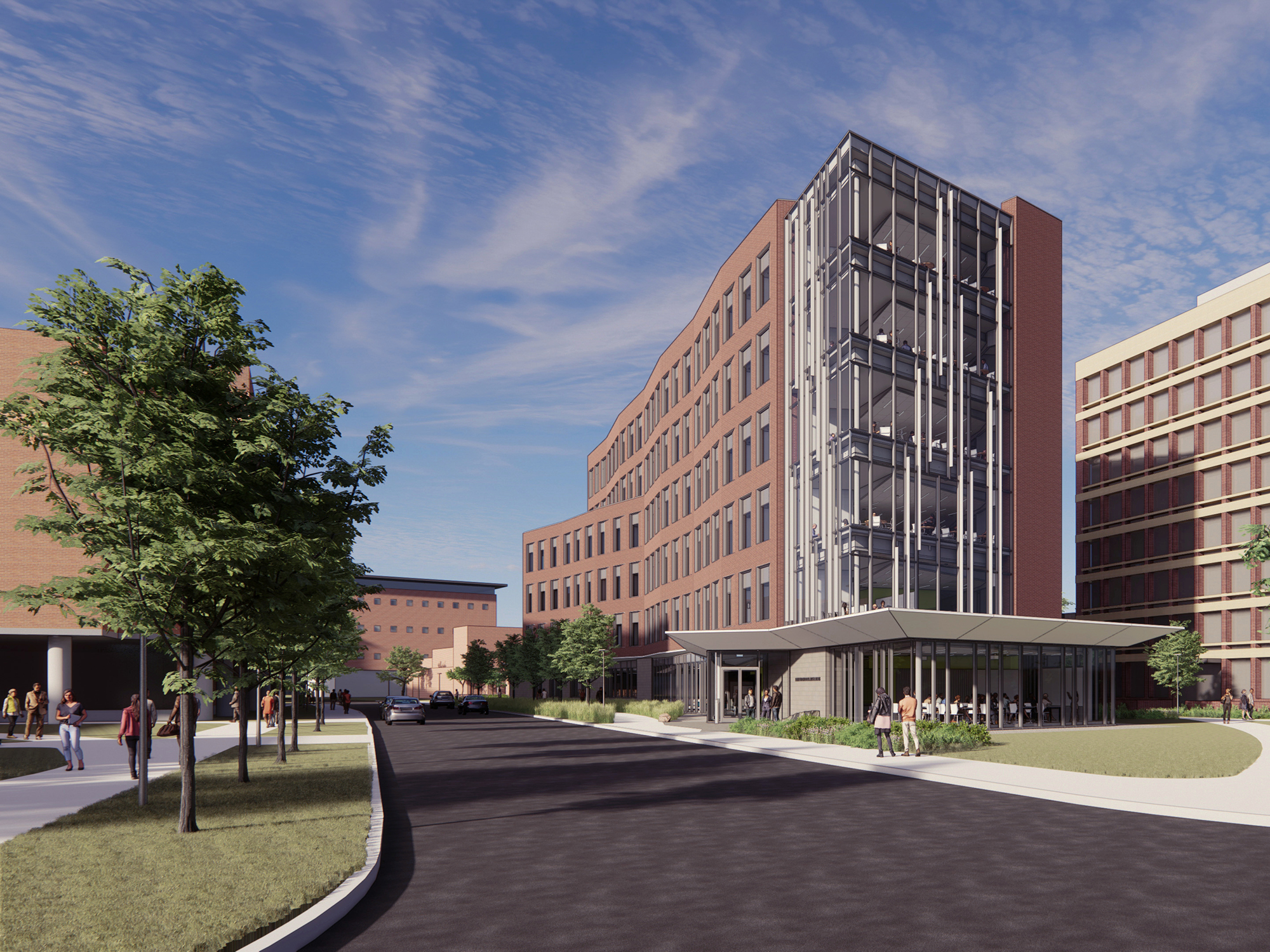 A rendering of the future Susan Welch Liberal Arts Building, showcasing areas where bird-friendly features will be implemented.  