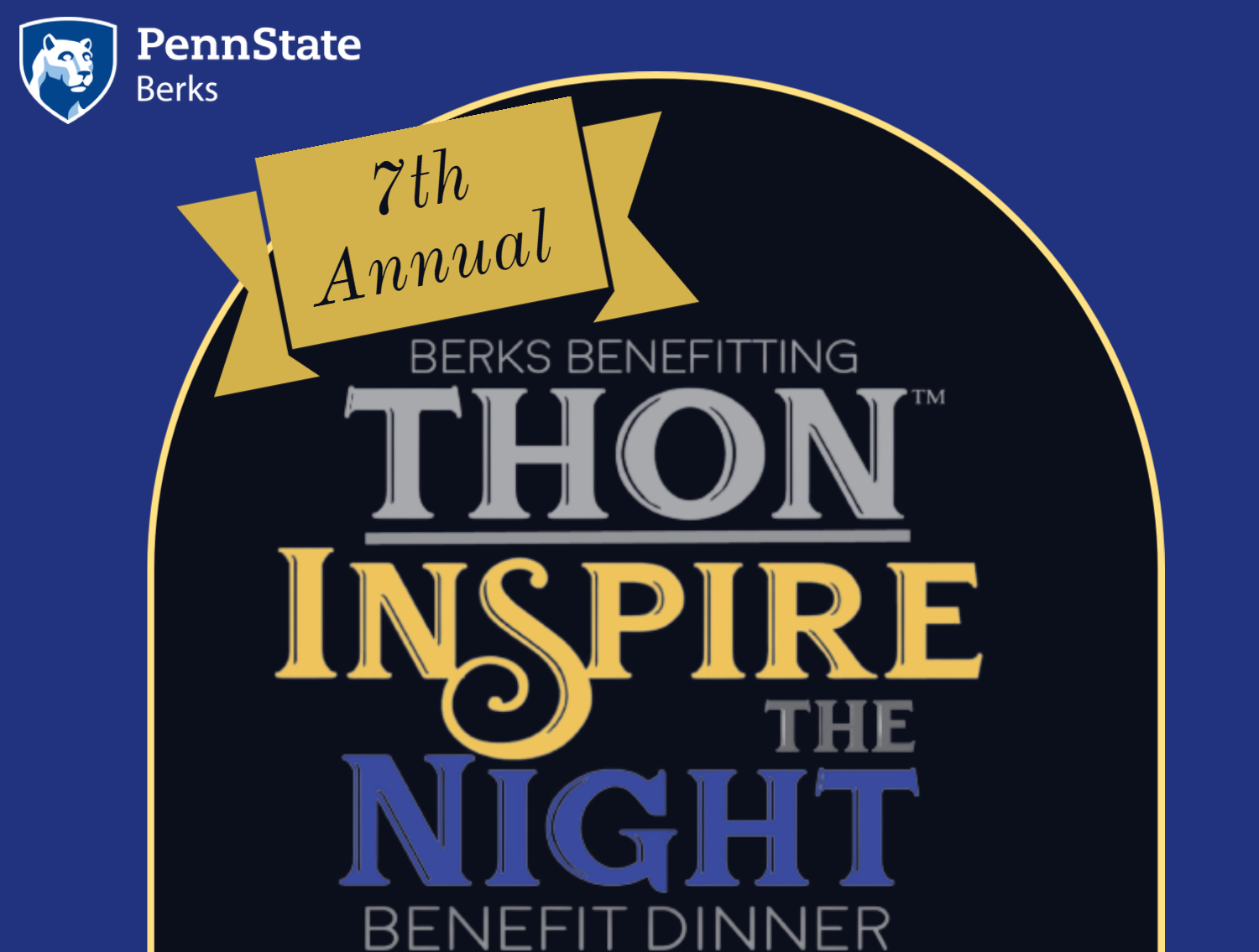 Blue and yellow logo that reads "Berks Benefitting THON: Inspire the Night Dinner