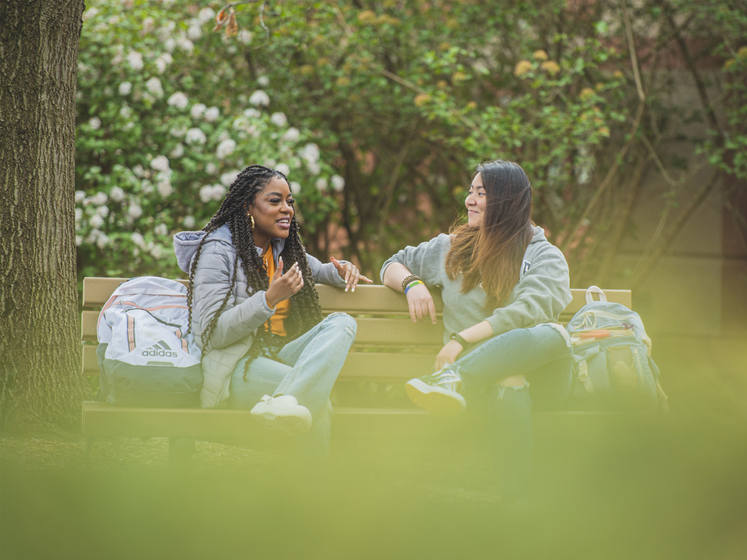 Two people talking on a bench