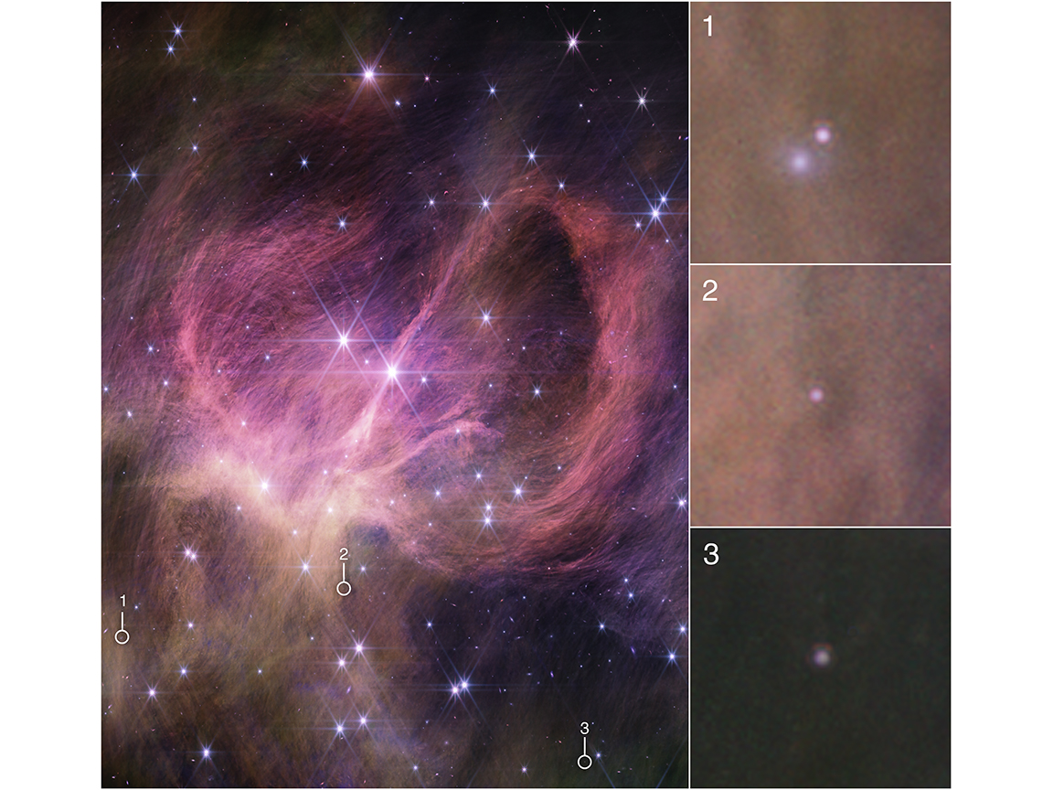 NASA Webb Telescope image of central portion of the star cluster IC 348 showing three tiny brown dwarfs