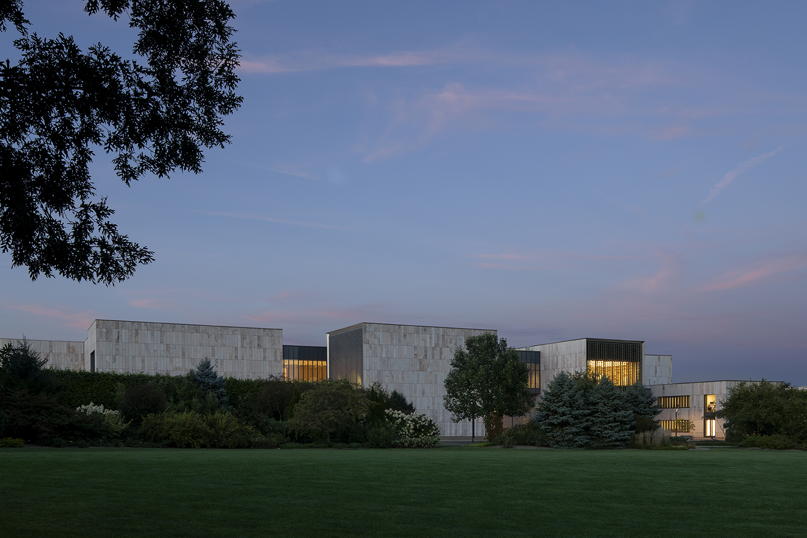 View of the new Palmer from the Penn State Arboretum at dusk