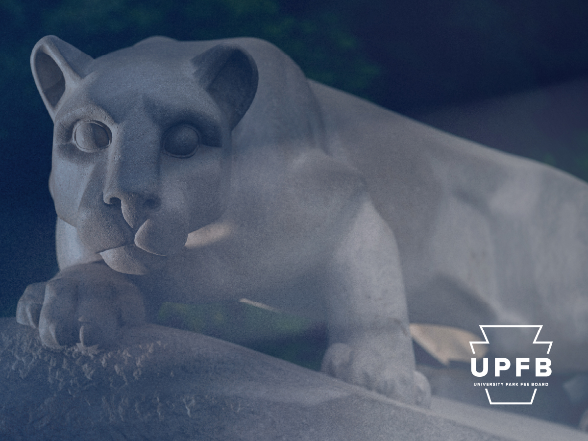 Nittany Lion shrine with the University Park Fee Board logo overlaid