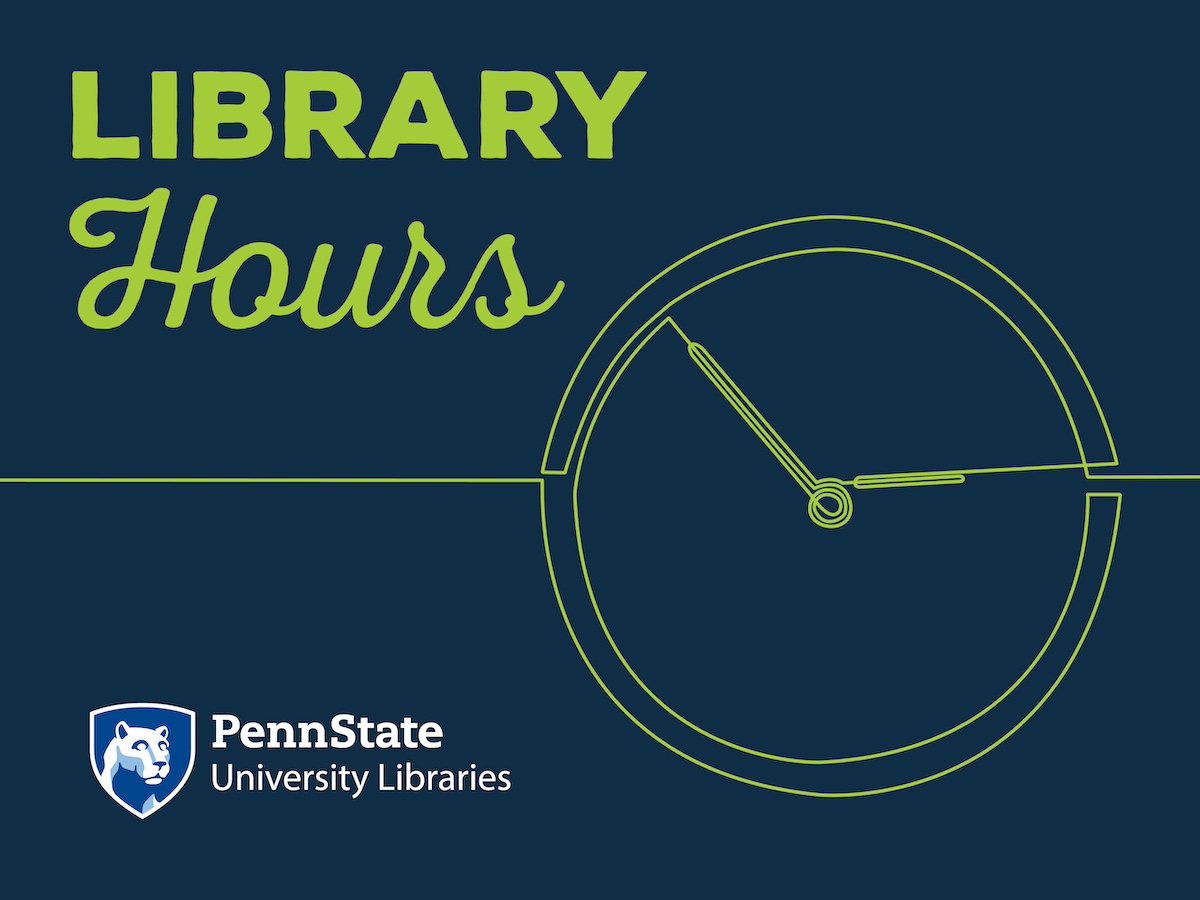 graphic with words library hours, with analog clock face and brand mark