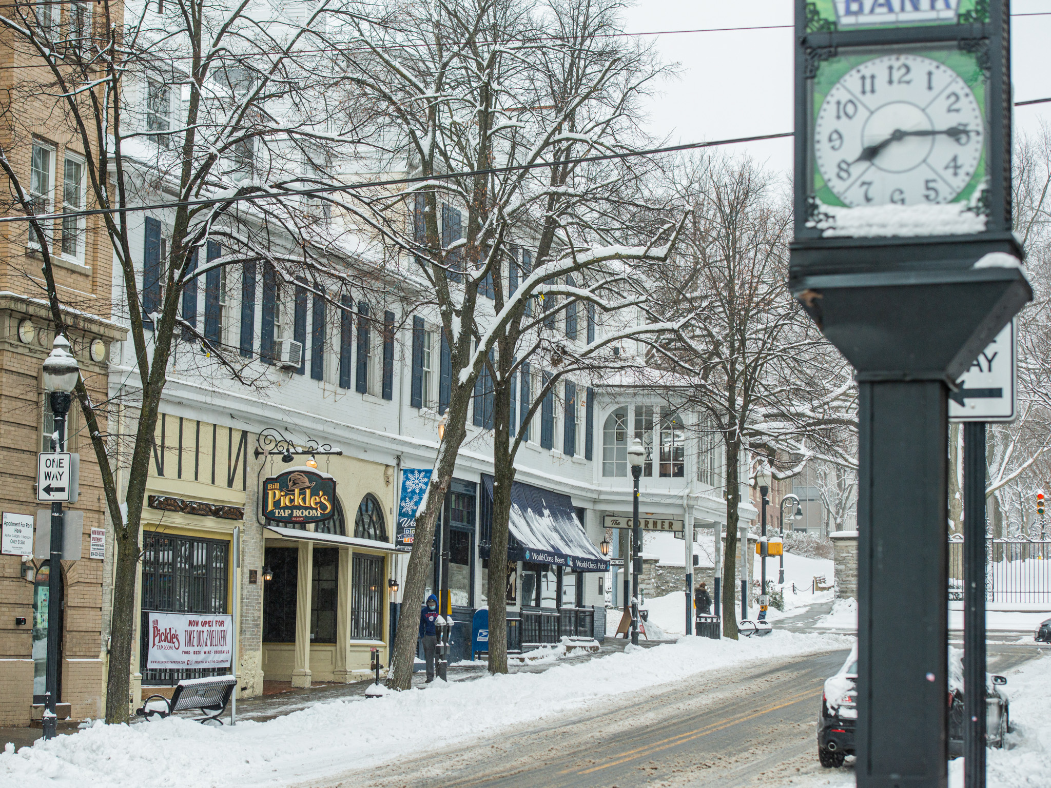 Downtown State College during a snowfall