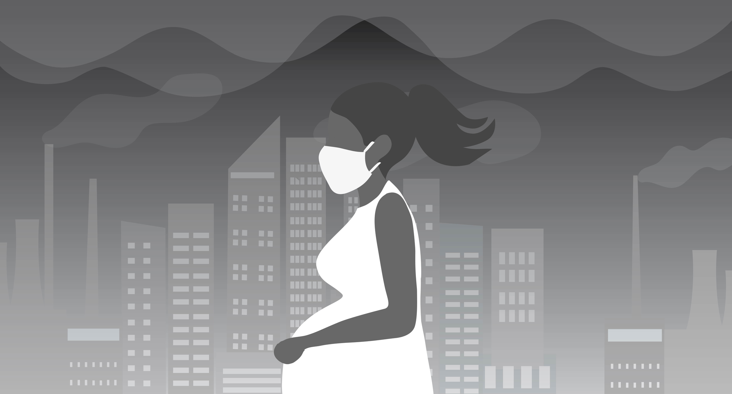 Illustration of pregnant person wearing mask with smokestacks in background.