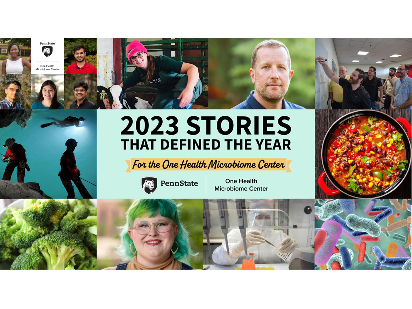 A collage of photos with the text "2023 stories that defined the year for the One Health Microbiome Center."