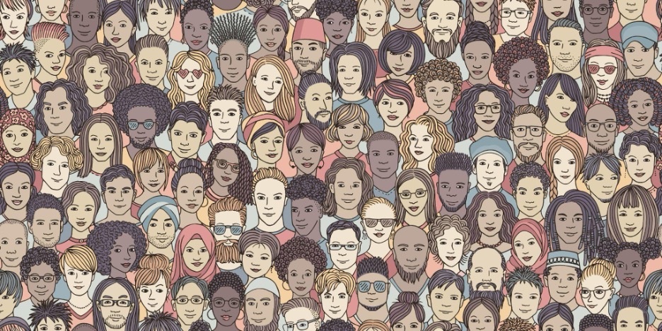 A hand-drawn picture of a diverse crowd of people and faces from various ethnicities.