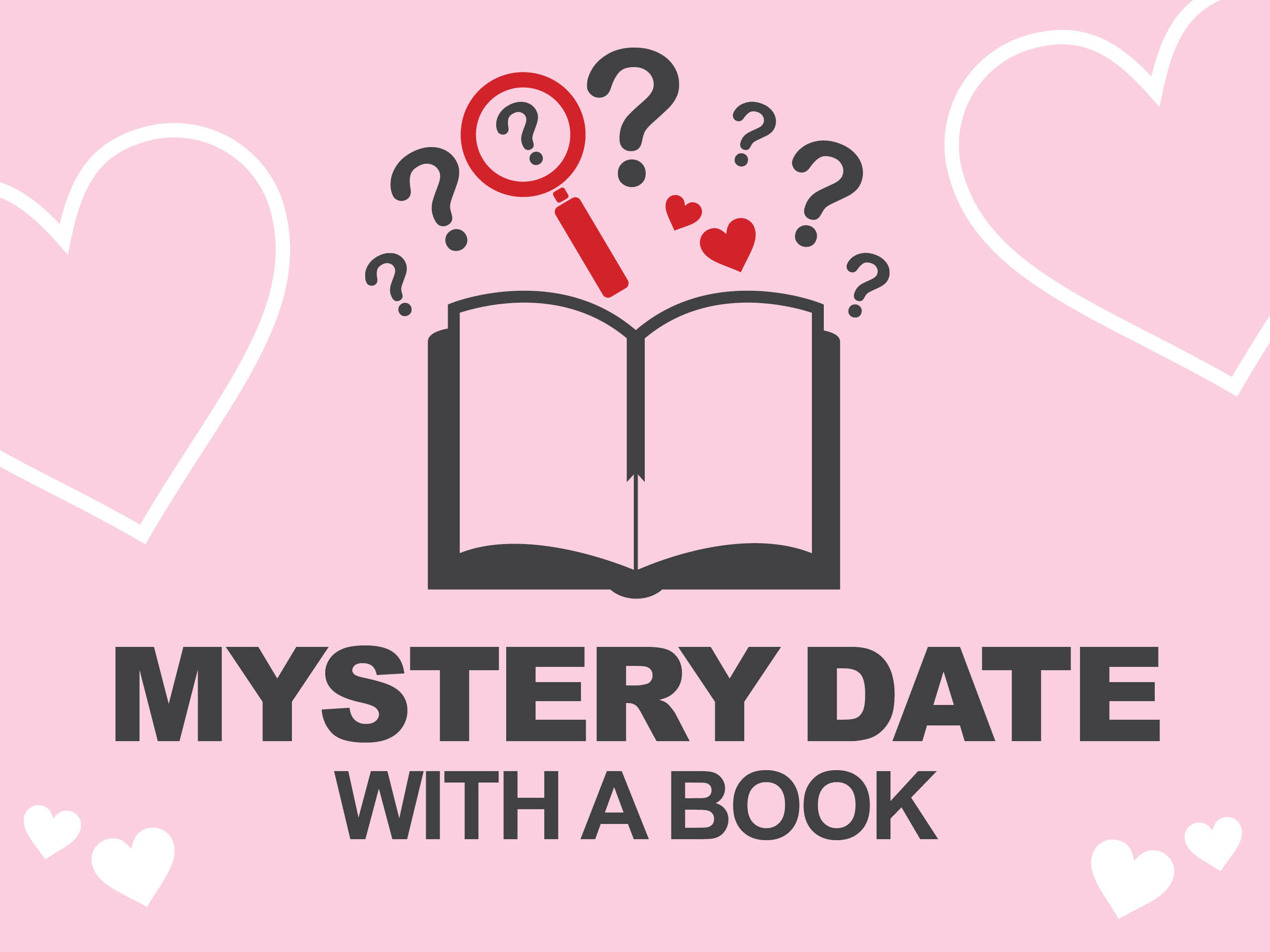 "Mystery Date With a Book" pink background, black book with hearts and question marks around it