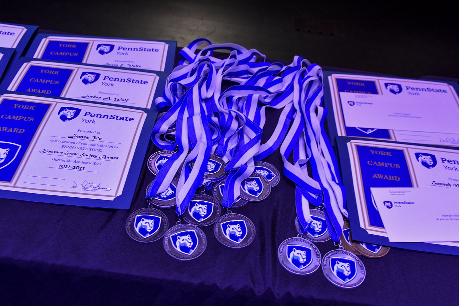 Certificates and award medallions on a table