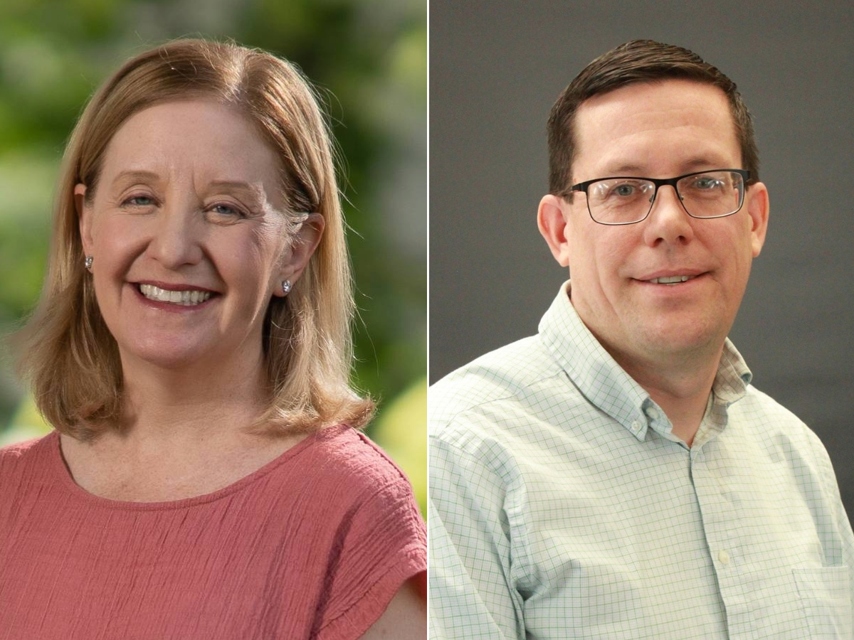 photo portraits of woman on left side man on right side