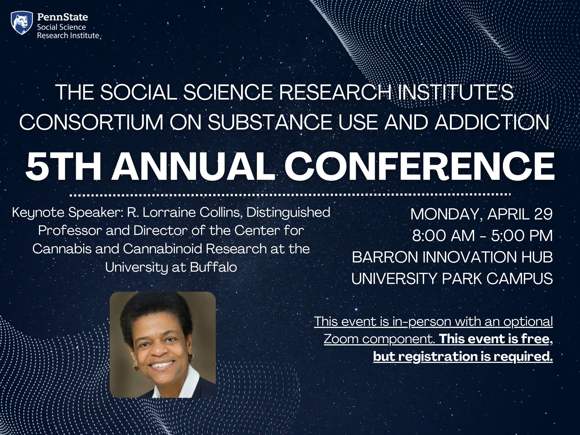 Dark blue background with galaxy pattern that says: "The Social Science Research Institute's Consortium on Substance Use and Addiction 5th Annual Conference."