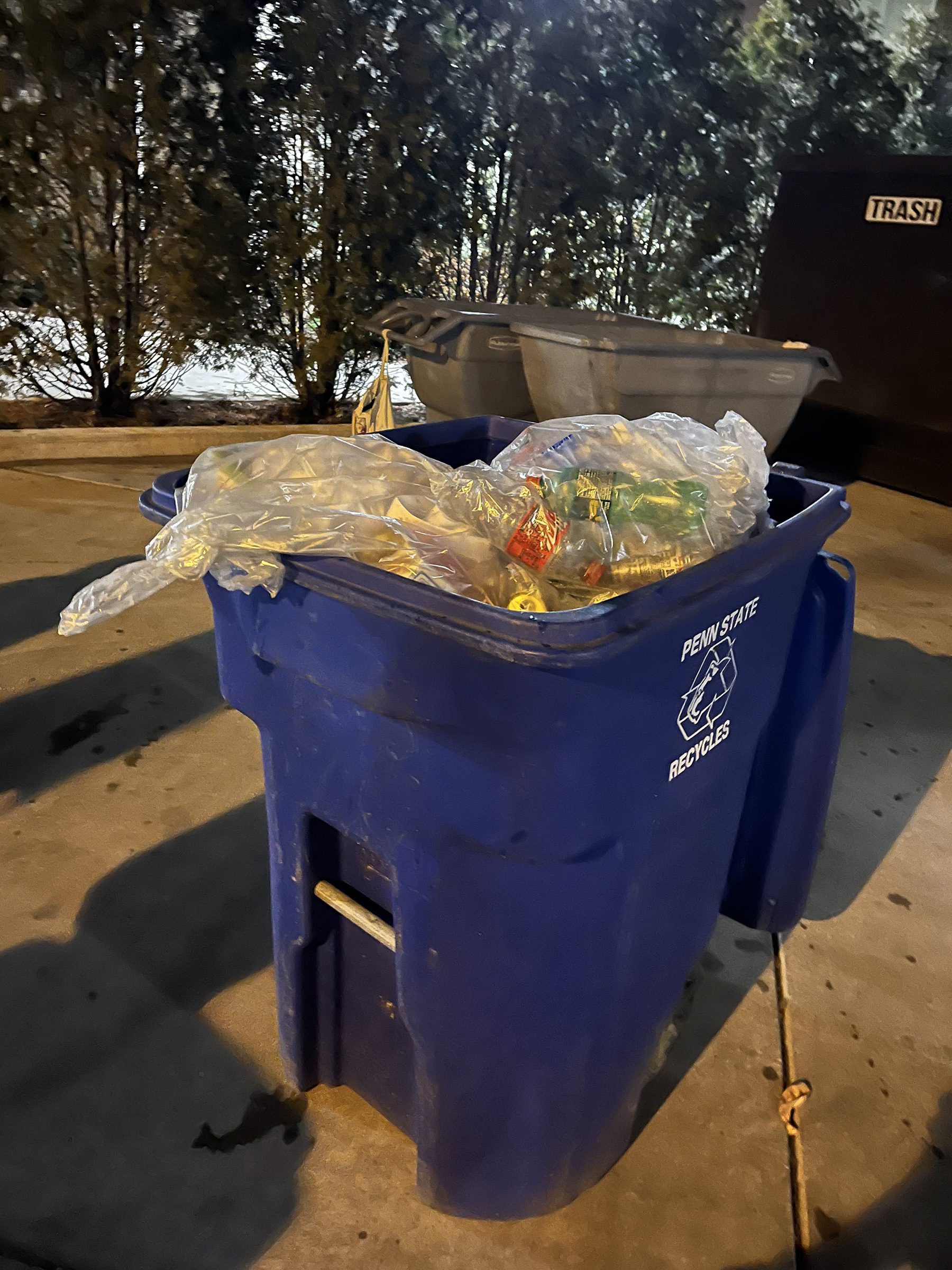 Blue recycling bin full of recycled materials.